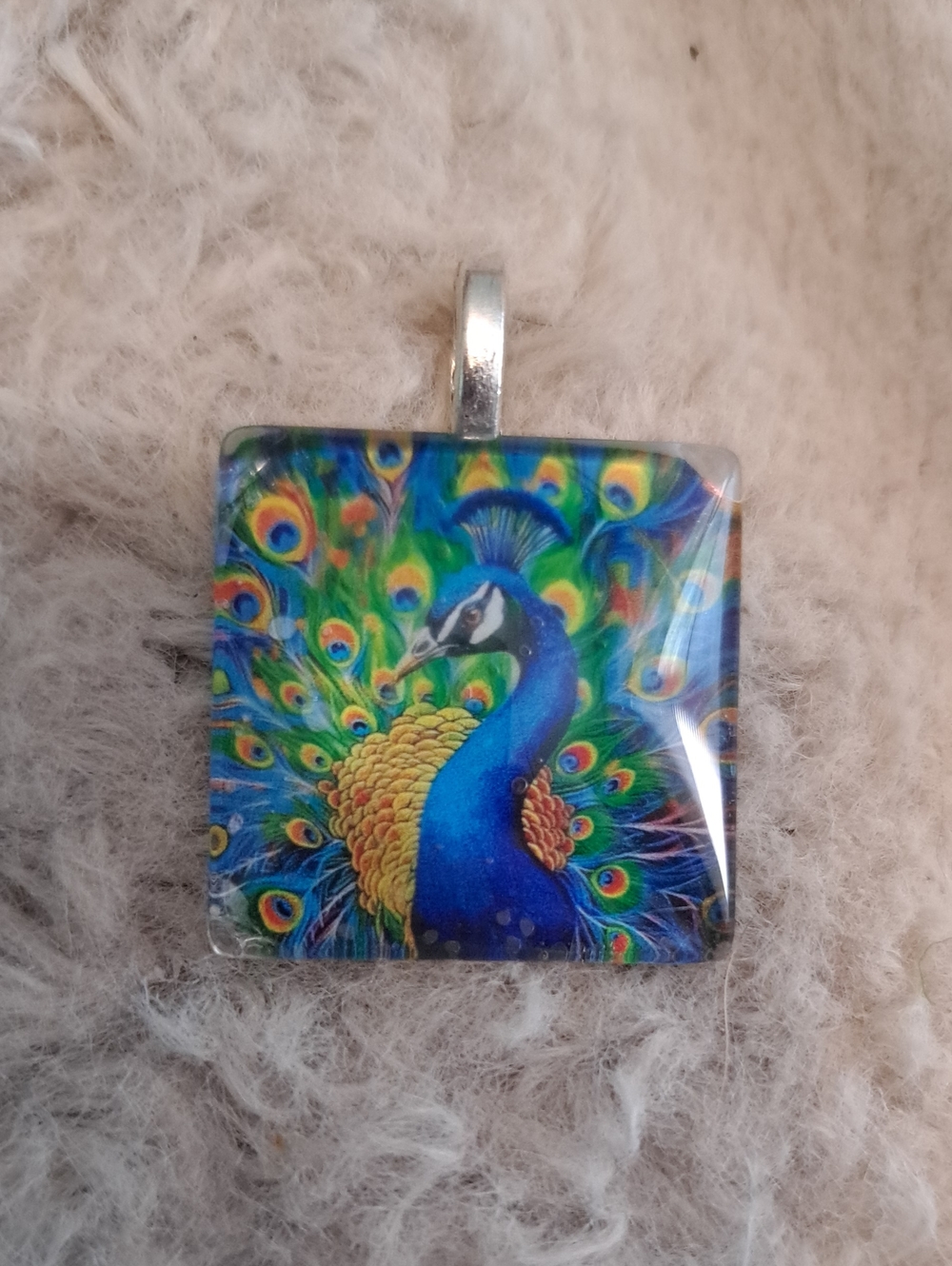 Hand crafted 1" Glass tile Pendant Colorful Peacock Bird Pendant